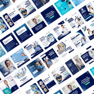 May include: A collection of square social media posts with a healthcare theme. The posts feature images of doctors, nurses, and medical equipment, with text in white and blue. The text includes phrases like "Healthcare Service" and "Medical Services".