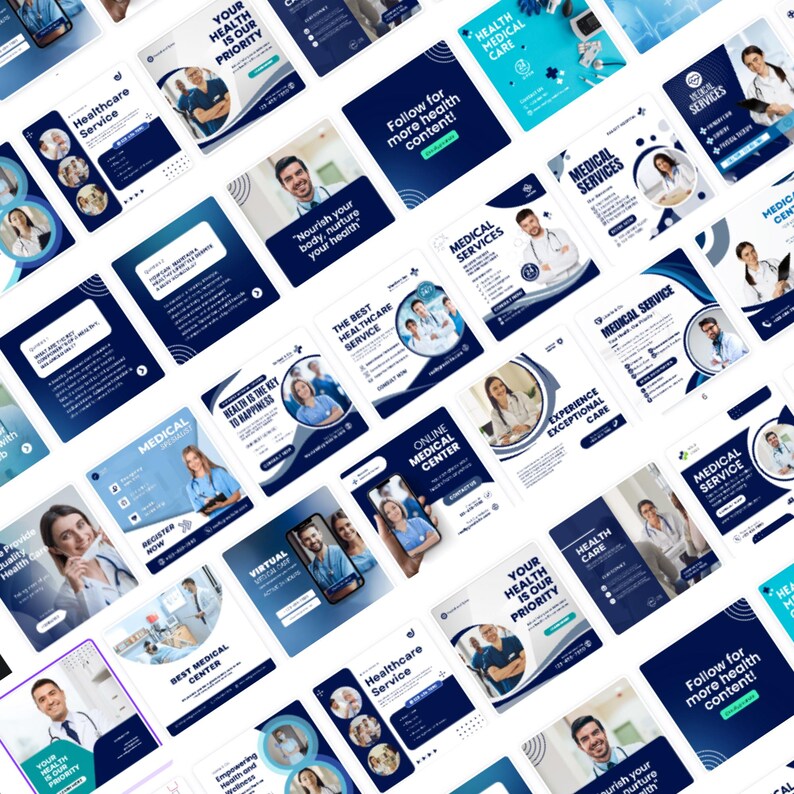 May include: A collection of square social media posts with a healthcare theme. The posts feature images of doctors, nurses, and medical equipment, with text in white and blue. The text includes phrases like "Healthcare Service" and "Medical Services".