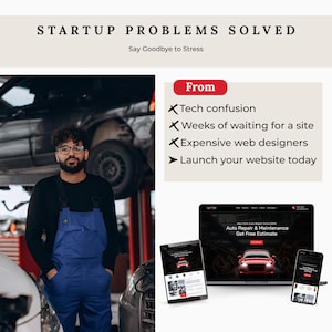 May include: Image promoting a website service. Text reads "STARTUP PROBLEMS SOLVED" and "Say Goodbye to Stress." The image shows a man in a garage, with a laptop, tablet, and phone displaying a website for auto repair.