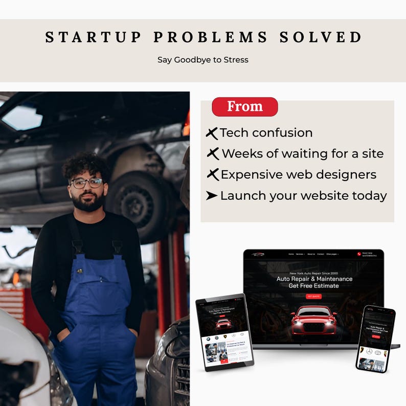 May include: Image promoting a website service. Text reads "STARTUP PROBLEMS SOLVED" and "Say Goodbye to Stress." The image shows a man in a garage, with a laptop, tablet, and phone displaying a website for auto repair.