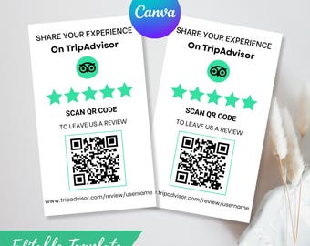 Tripadvisor Review Card Template - Minimalist QR Code Sign - Editable Design (50x85 mm Canva Template)