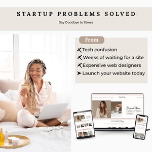 May include: Image promoting website design services. Text reads "Startup Problems Solved" and "Say Goodbye to Stress." A woman in pajamas uses a laptop and credit card. Website mockups are displayed on a laptop, tablet, and phone.