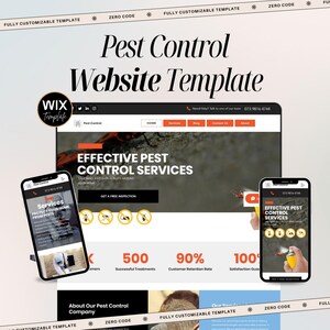 May include: A website template for pest control services, displayed on a laptop and two smartphones. The design features a black and white color scheme with orange accents. The text includes "Pest Control Website Template" and "Effective Pest Control Services."