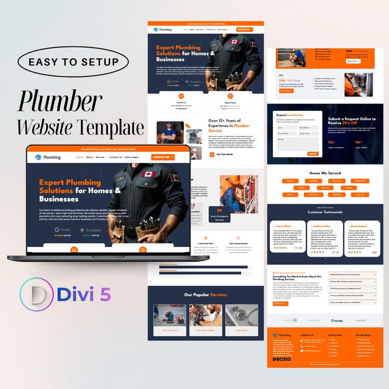 Op de afbeelding: Een website sjabloon voor loodgieters, met een laptop met een website ontwerp met de tekst "Expert Plumbing Solutions for Homes & Businesses." Extra webpagina's worden getoond, met een oranje en marineblauw kleurenschema. De tekst "Easy to Setup" is ook zichtbaar.