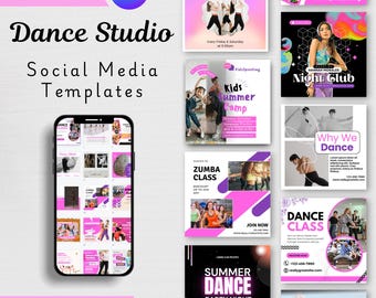 Plantillas para redes sociales de estudios de danza - Publicaciones de Canva para academias de ballet - Diseños editables (descarga digital)