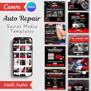 自動車修理ソーシャルメディアテンプレートとInstagram投稿 - 自動車Canva投稿 - 編集可能なデザイン（デジタルダウンロード）