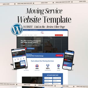 Op de afbeelding: Een website template voor een verhuisservice, weergegeven op een laptop, tablet en smartphone. Het ontwerp bevat een WordPress-logo, een belknop en informatie over diensten in NYC, New Jersey en CT. De template heeft een offerteformulier.