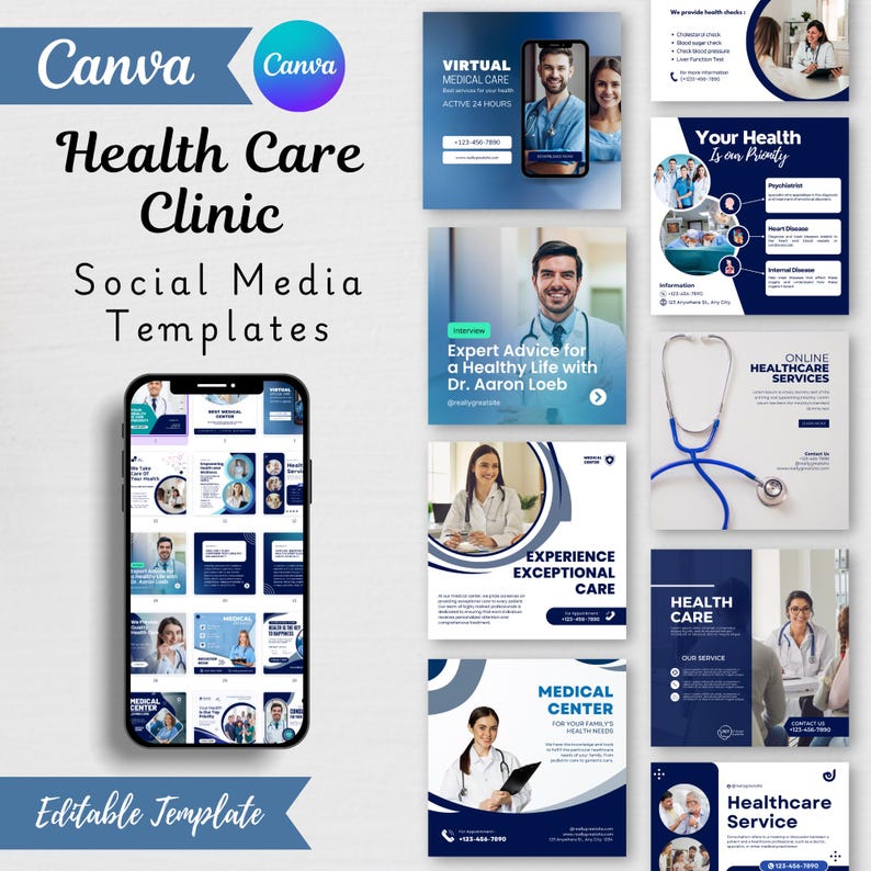 May include: A collection of social media templates for a health care clinic. The templates feature a dark blue and white color scheme with images of doctors, medical equipment, and text such as "Virtual Medical Care" and "Online Healthcare Services."
