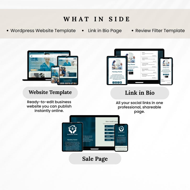 May include: An image showcasing digital marketing templates. The image displays a website template, a link in bio page, and a sale page, each shown on various devices like laptops, tablets, and smartphones. Text includes "What in Side" and descriptions of each template.