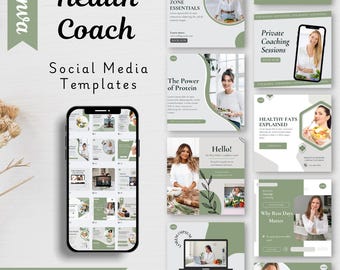 Health Coach Social Media Templates - Nutrition & Wellness Canva Posts - Editable Designs (Digital Download)