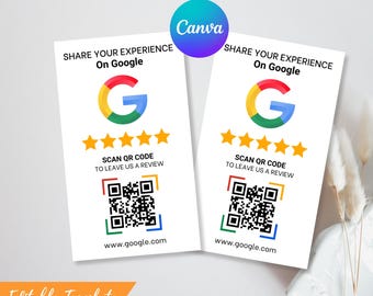 Google Review QR Code Sign Template - Scan to Review Card - Business Rating Feedback Canva Design