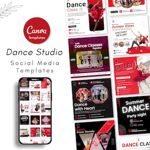 Könnte beinhalten: Eine Sammlung digitaler Social-Media-Vorlagen für Tanzstudios, bestehend aus einem Smartphone mit einer Rasteransicht von Designs sowie mehreren einzelnen quadratischen Layouts in Rot, Schwarz und Weiß mit Text und Tanzmotiven.