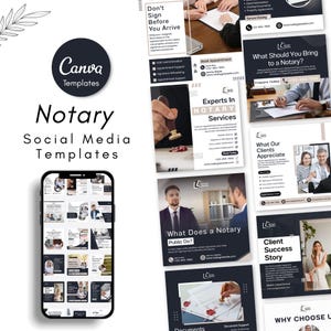 May include: A collection of digital social media templates for notary services, featuring a smartphone displaying a grid of designs alongside several individual square layouts with text like Experts In Notary Services and What Should You Bring to a Notary.
