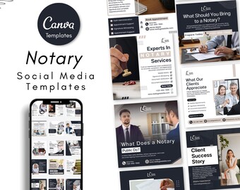May include: A collection of digital social media templates for notary services, featuring a smartphone displaying a grid of designs alongside several individual square layouts with text like Experts In Notary Services and What Should You Bring to a Notary.