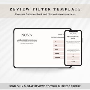 May include: A digital marketing template with the text "REVIEW FILTER TEMPLATE" and "Showcase 5-star feedback and filter out negative reviews." The template is displayed on a tablet and a smartphone.