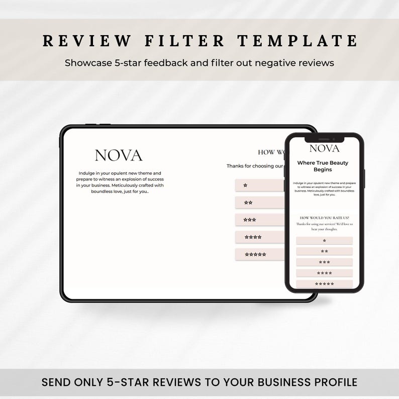 May include: A digital marketing template with the text "REVIEW FILTER TEMPLATE" and "Showcase 5-star feedback and filter out negative reviews." The template is displayed on a tablet and a smartphone.
