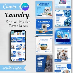 May include: A collection of blue and white laundry service social media templates. The templates feature images of washing machines, laundry baskets, and text such as "Laundry Service" and "Laundry Express". The word "Canva" is also visible.