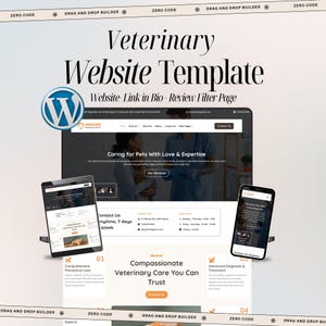 Könnte beinhalten: Eine Website-Vorlage für eine Tierklinik, die ein WordPress-Logo und ein responsives Design auf einem Laptop, Tablet und Smartphone zeigt. Das Design betont die Tierpflege mit dem Text "Caring for Pets With Love & Expertise."