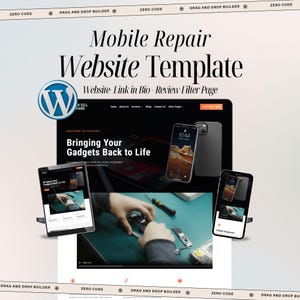 May include: A website template for mobile repair services. The design features a WordPress logo, a tablet, and two smartphones displaying a website interface. The text includes "Mobile Repair Website Template" and "Bringing Your Gadgets Back to Life."