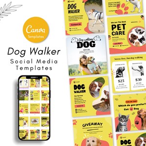 Plantillas para redes sociales y publicaciones de Instagram para paseadores de perros - Plantillas de marketing para cuidadores de mascotas - Redes sociales para guarderías caninas