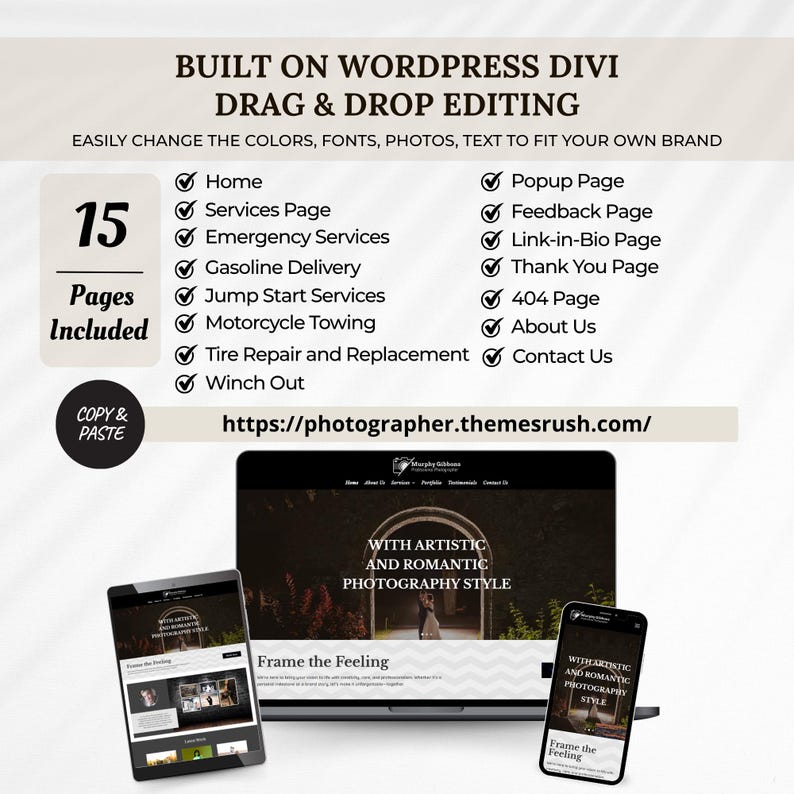 May include: A website design advertisement featuring a laptop, tablet, and smartphone displaying a photography website. The text includes "BUILT ON WORDPRESS DIVI" and "DRAG & DROP EDITING". The design includes 15 pages and a list of services.