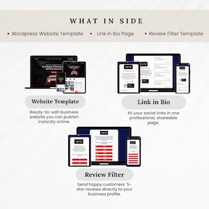 May include: An advertisement graphic showcasing digital marketing tools. The image displays a website template, a link-in-bio page, and a review filter, each presented on various devices like laptops, tablets, and smartphones. Text highlights key features and benefits.