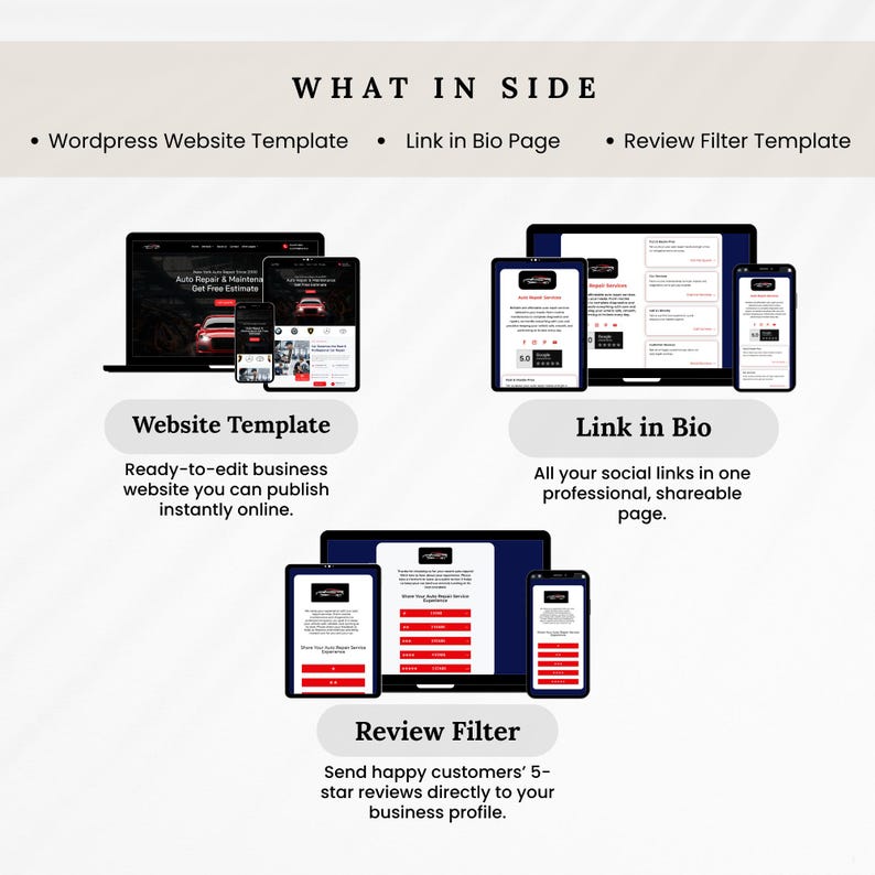 May include: An advertisement graphic showcasing digital marketing tools. The image displays a website template, a link-in-bio page, and a review filter, each presented on various devices like laptops, tablets, and smartphones. Text highlights key features and benefits.