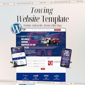 Op de afbeelding: Een website template voor sleepdiensten, met een WordPress logo en een responsief ontwerp weergegeven op een laptop, tablet en smartphone. Het ontwerp bevat een call-to-action knop en klantbeoordelingen.