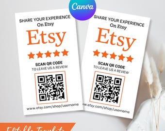 Etsy Review Card Template - Minimalist QR Code Sign - Editable Design (50x85 mm Canva Template)
