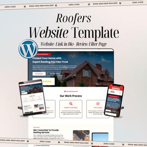 Może przedstawiać: Szablon strony internetowej dla dekarzy, prezentujący logo WordPress i responsywny design na wielu urządzeniach. Projekt zawiera tekst "Roofers Website Template" i "Protect Your Home with Expert Roofing You Can Trust."