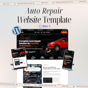 Może przedstawiać: Szablon strony internetowej warsztatu samochodowego z czerwonym samochodem, mechanikiem pracującym przy pojeździe oraz tekstem, w tym Auto Repair Website Template, Divi 5, Complete Auto Repair Solution By Certified Technicians i We're qualified & expeirence in this field.