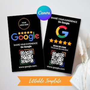 Google Review QR Code Sign Template - Scan to Review Card - Business Rating Feedback Canva Design