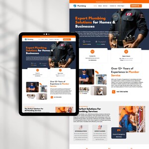 Op de afbeelding: Een website-ontwerp voor een loodgietersbedrijf, weergegeven op een tablet en een desktop. Het ontwerp bevat de tekst "Expert Plumbing Solutions for Homes & Businesses" en afbeeldingen van loodgieters. De website bevat ook contactgegevens en service details.