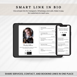 May include: A black tablet and smartphone displaying a website with a photographer's profile. The profile includes a photo, social media links, and a Google review rating. Text at the top reads "SMART LINK IN BIO".