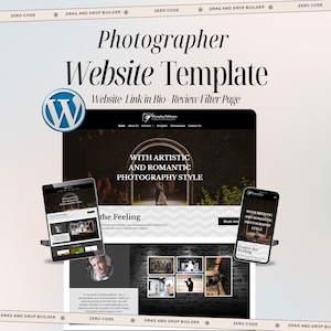 May include: A website template for photographers, featuring a WordPress logo and a website design displayed on a tablet and smartphone. The design includes the text "Photographer Website Template" and "With Artistic and Romantic Photography Style."