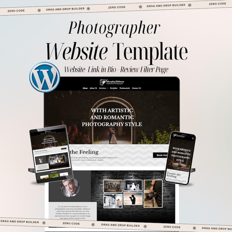 May include: A website template for photographers, featuring a WordPress logo and a website design displayed on a tablet and smartphone. The design includes the text "Photographer Website Template" and "With Artistic and Romantic Photography Style."