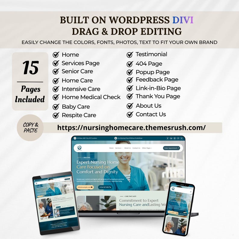 May include: A website design image with the text "BUILT ON WORDPRESS DIVI" and "DRAG & DROP EDITING". The image shows a laptop, tablet, and phone displaying a website with the text "Expert Nursing Home Care Focused on Comfort and Dignity".