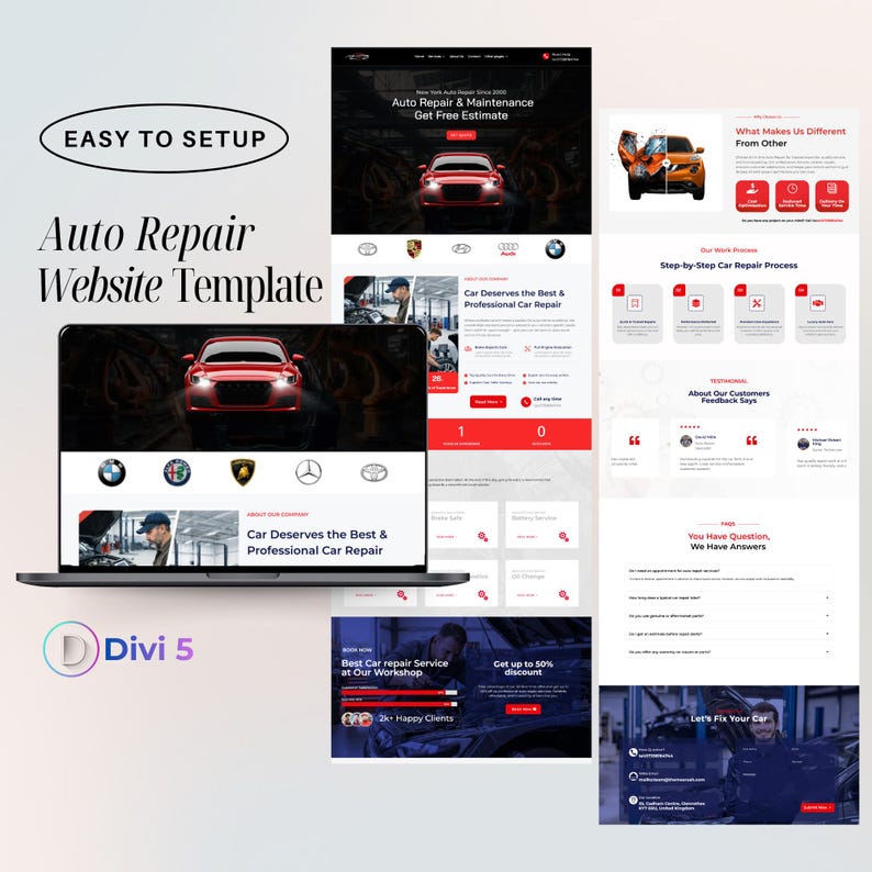 May include: A laptop displays an auto repair website template with a red car graphic. The website design includes sections for services, customer testimonials, and a "Get Free Estimate" button. The text "Easy to Setup" is in a white oval.