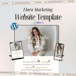 May include: A digital marketing website template titled Elara Marketing Website Template featuring a Divi 5 logo and WordPress icon. The layout displays a tablet and smartphone showing a landing page with the text Social Media Markting.