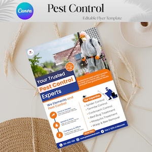 Może przedstawiać: Ulotka reklamowa usług zwalczania szkodników z tekstem "Pest Control" i "Your Trusted Pest Control Experts." Obraz przedstawia osobę w odzieży ochronnej i wymienia usługi, takie jak zwalczanie pająków i termitów.