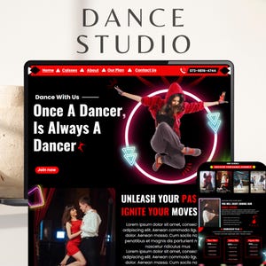 May include: A website design for a dance studio, featuring a dancer in a red hoodie and grey trousers. The website has a black background with red and white accents. Text includes "Dance Studio", "Once A Dancer, Is Always A Dancer", and "Unleash Your Passion, Ignite Your Moves."