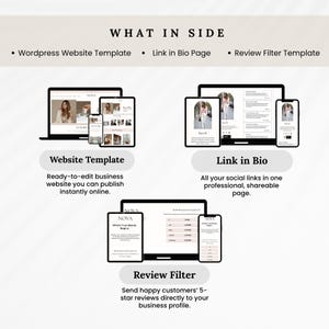 May include: An image showcasing digital marketing templates. The image includes a website template, a link in bio page, and a review filter template. Each template is displayed on various devices, including laptops, tablets, and smartphones. The text reads "WHAT IN SIDE".
