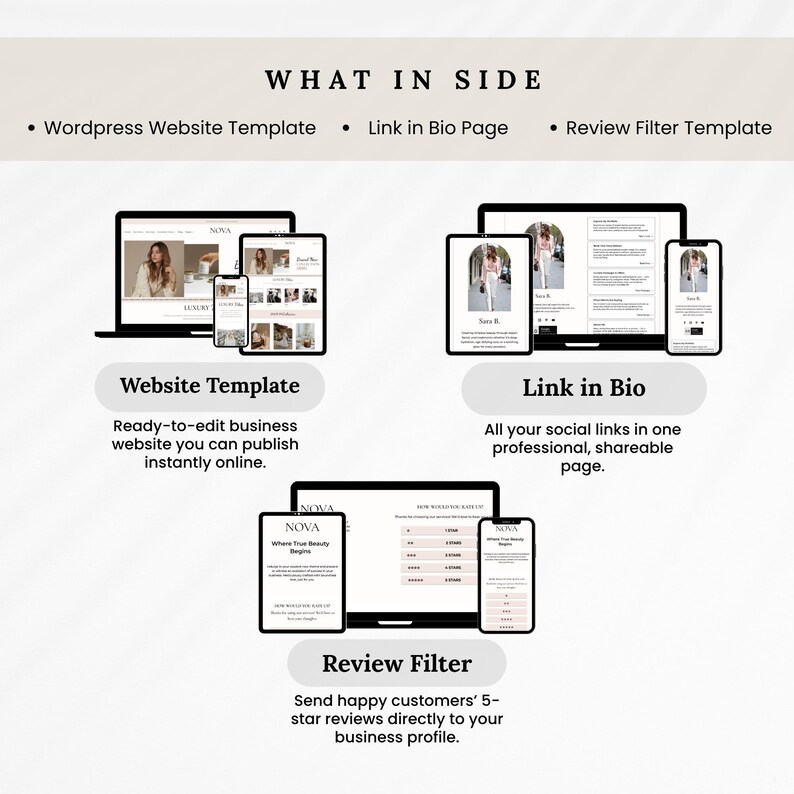May include: An image showcasing digital marketing templates. The image includes a website template, a link in bio page, and a review filter template. Each template is displayed on various devices, including laptops, tablets, and smartphones. The text reads "WHAT IN SIDE".