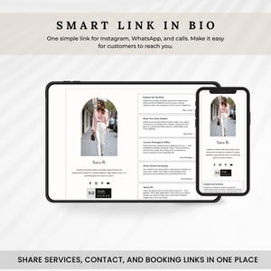 May include: A digital marketing graphic with the text "SMART LINK IN BIO" and "SHARE SERVICES, CONTACT, AND BOOKING LINKS IN ONE PLACE." The image shows a tablet and a smartphone displaying a website.