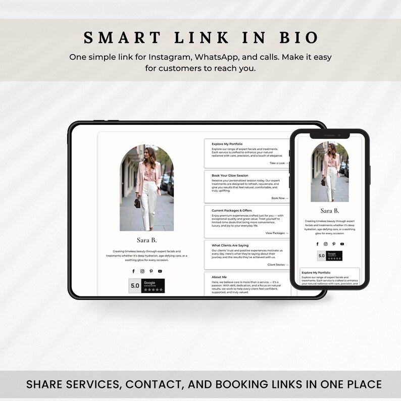 May include: A digital marketing graphic with the text "SMART LINK IN BIO" and "SHARE SERVICES, CONTACT, AND BOOKING LINKS IN ONE PLACE." The image shows a tablet and a smartphone displaying a website.