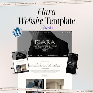 Op de afbeelding: Elara website-sjabloon voor Divi 5 met een WordPress-logo, een tablet en een smartphone die een landingspagina van een marketingbureau weergeven met de tekst Elara Performance Marketing Agency for Success en Drag and Drop Builder.