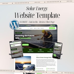 May include: A digital website template for solar energy services featuring a desktop interface, a tablet, and a smartphone. The design includes the text Solar Energy Website Template, WordPress logo, and imagery of solar panels and technicians.