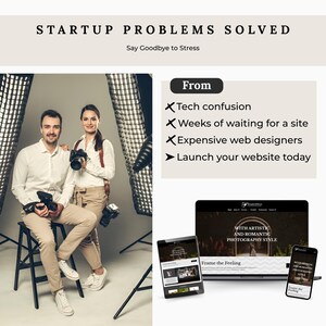 May include: Image promoting a website launch service. Text reads "STARTUP PROBLEMS SOLVED" and "Say Goodbye to Stress." The image shows a couple with cameras, and a website displayed on a laptop, tablet, and phone.