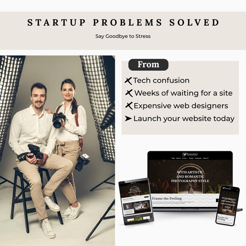 May include: Image promoting a website launch service. Text reads "STARTUP PROBLEMS SOLVED" and "Say Goodbye to Stress." The image shows a couple with cameras, and a website displayed on a laptop, tablet, and phone.