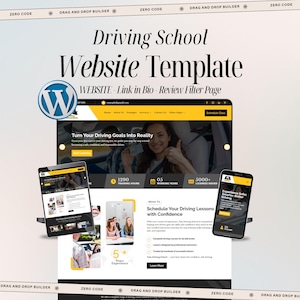 Puede incluir: Una plantilla de sitio web para una autoescuela, mostrada en un portátil, una tableta y un smartphone. El diseño presenta un esquema de color amarillo y negro con el texto "Driving School Website Template". El sitio web promociona clases de conducción.